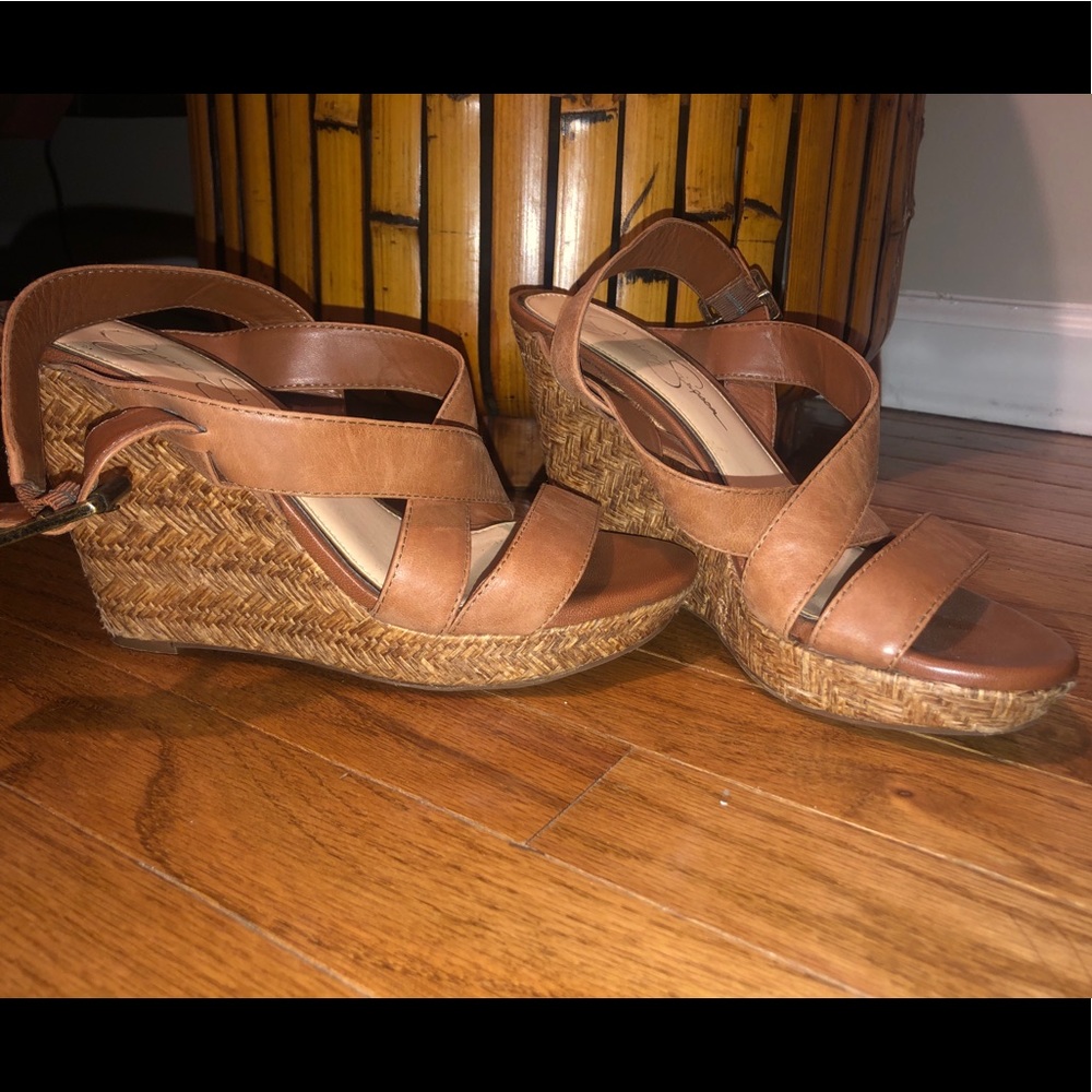 Brown Jessica Simpson open toe wedge heels